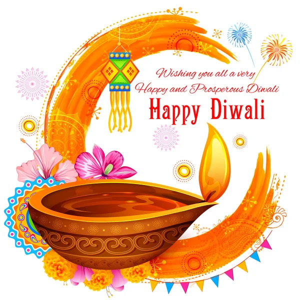 Burning diya on Happy Diwali Holiday watercolor background for light festival of India — Διανυσματικό Αρχείο