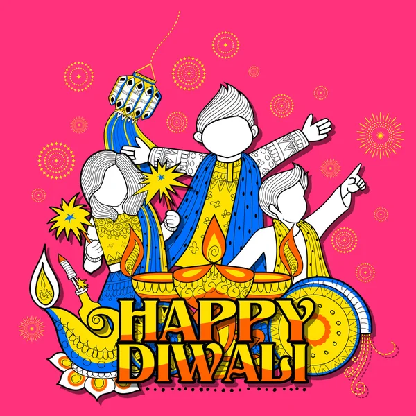 Niño celebrando feliz Diwali vacaciones doodle fondo para el festival de la luz de la India — Archivo Imágenes Vectoriales