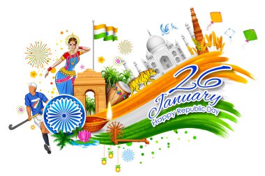India background showing its incredible culture and diversity with monument, dance festival clipart