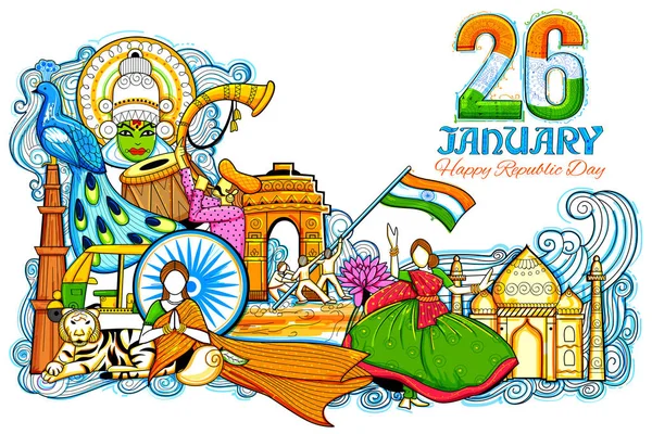 Indischer Hintergrund zeigt seine unglaubliche Kultur und Vielfalt mit Monument, Fest zum 26. Januar Republiktag Indiens — Stockvektor