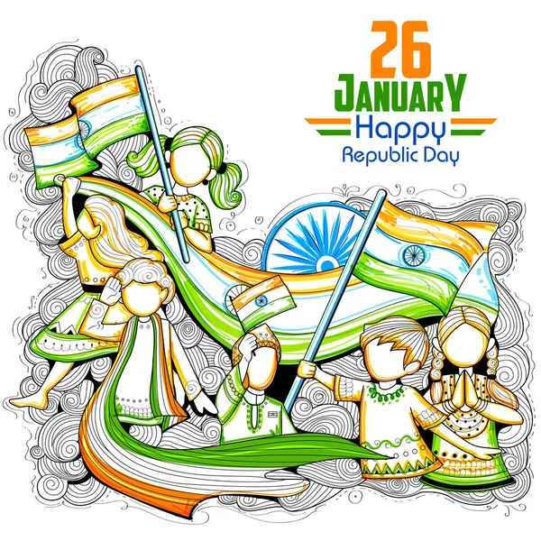 Ινδική παιδιά κυματίζει τρίχρωμη σημαία γιορτάζει την ημέρα της Δημοκρατίας της Ινδίας — Διανυσματικό Αρχείο