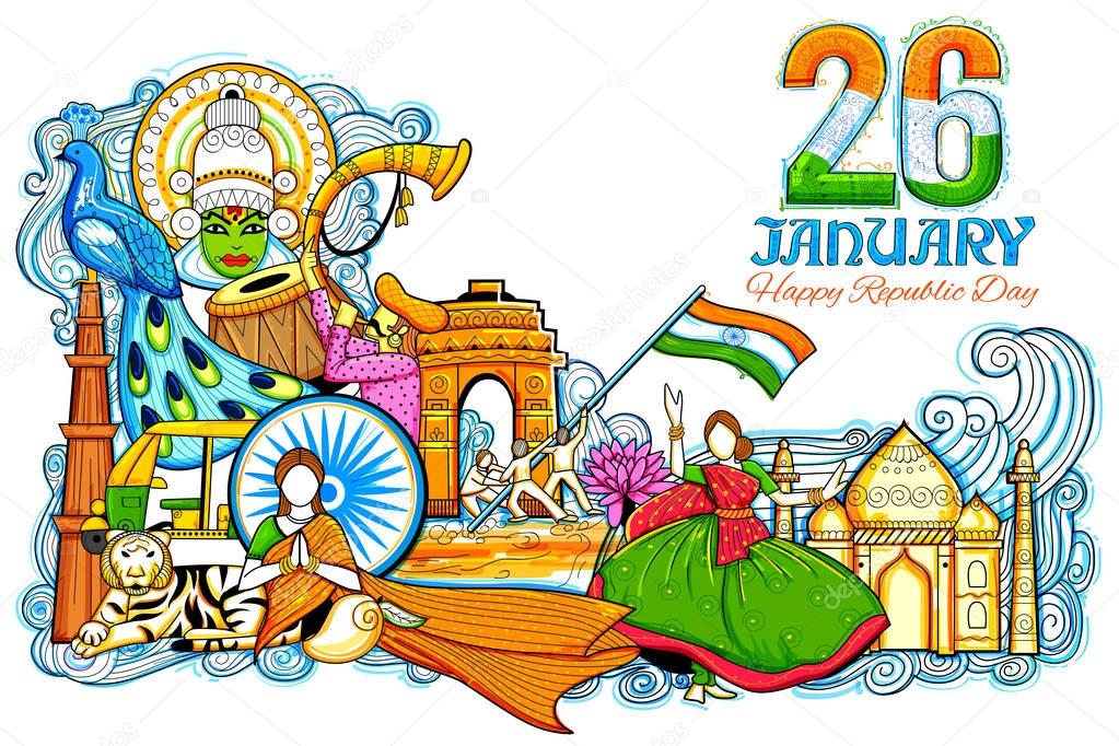 Indian background showing its incredible culture and diversity with monument, festival celebration for 26th January Republic Day of India