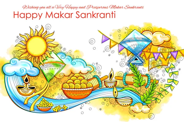 Makar Sankranti tapety s barevným drakem pro festival Indie — Stockový vektor