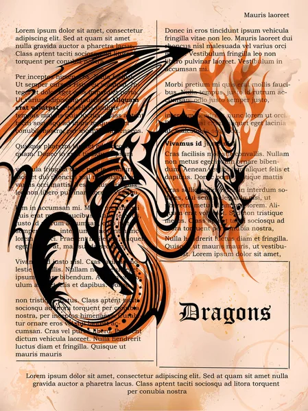 Furious Dragon drawing on old vintage book page — Stock Vector