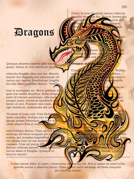 Furious Dragon dessin sur vieille page de livre vintage — Image vectorielle