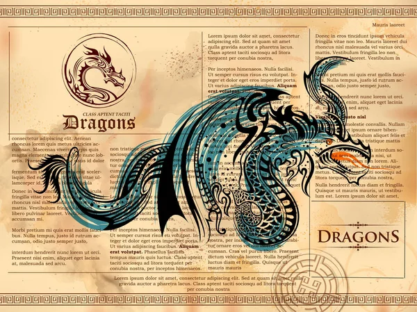 Furious Dragon dessin sur vieille page de livre vintage — Image vectorielle