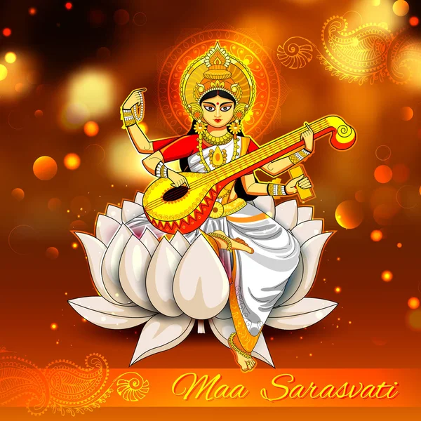 Godin van Wijsheid Saraswati voor Vasant Panchami India festival achtergrond — Stockvector