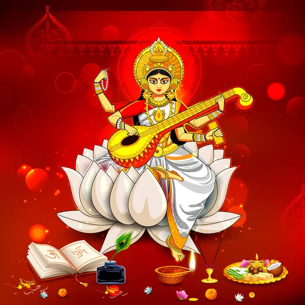 Vasant Panchami Hindistan festivali için Bilgelik Tanrıçası Saraswati