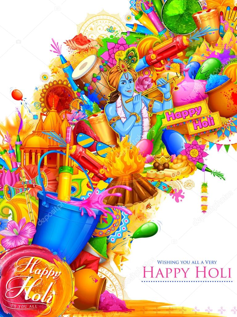 Lord Krishna playing flute in Happy Holi background