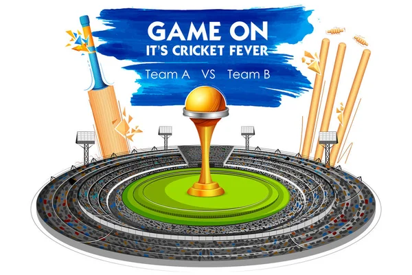 Stade de cricket avec chauve-souris, wicket et trophée — Image vectorielle