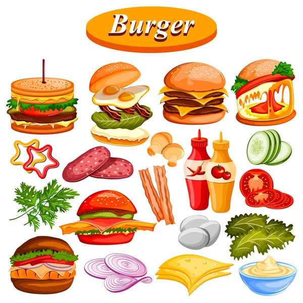 Diferentes ingredientes y salsa de hamburguesa incluyendo jamón, queso — Vector de stock