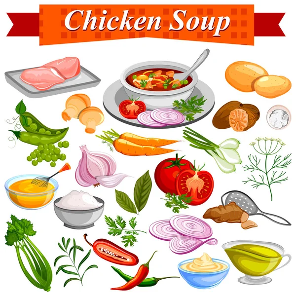 Ingrediente para la receta de sopa de pollo indio con verduras y especias — Vector de stock