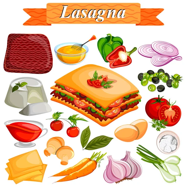 Ingrediente de comida e especiarias para Lasagana —  Vetores de Stock