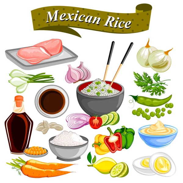 食物和香料成分为墨西哥饭碗 — 图库矢量图片