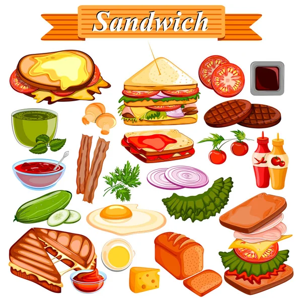 Ingrediente de comida y especias para sándwich — Vector de stock