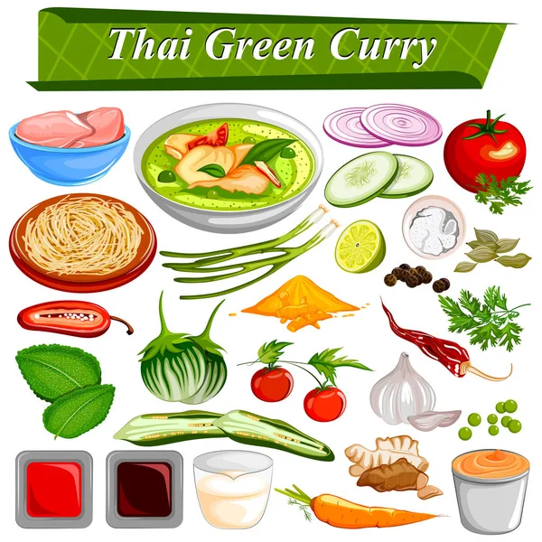 Ingrediente de comida y especias para el curry verde tailandés — Vector de stock