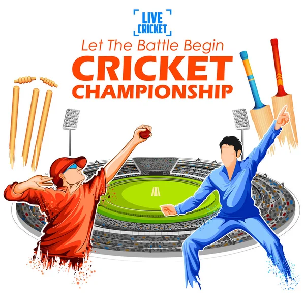 Batsman y jugador de bolos jugando deportes campeonato de cricket — Vector de stock