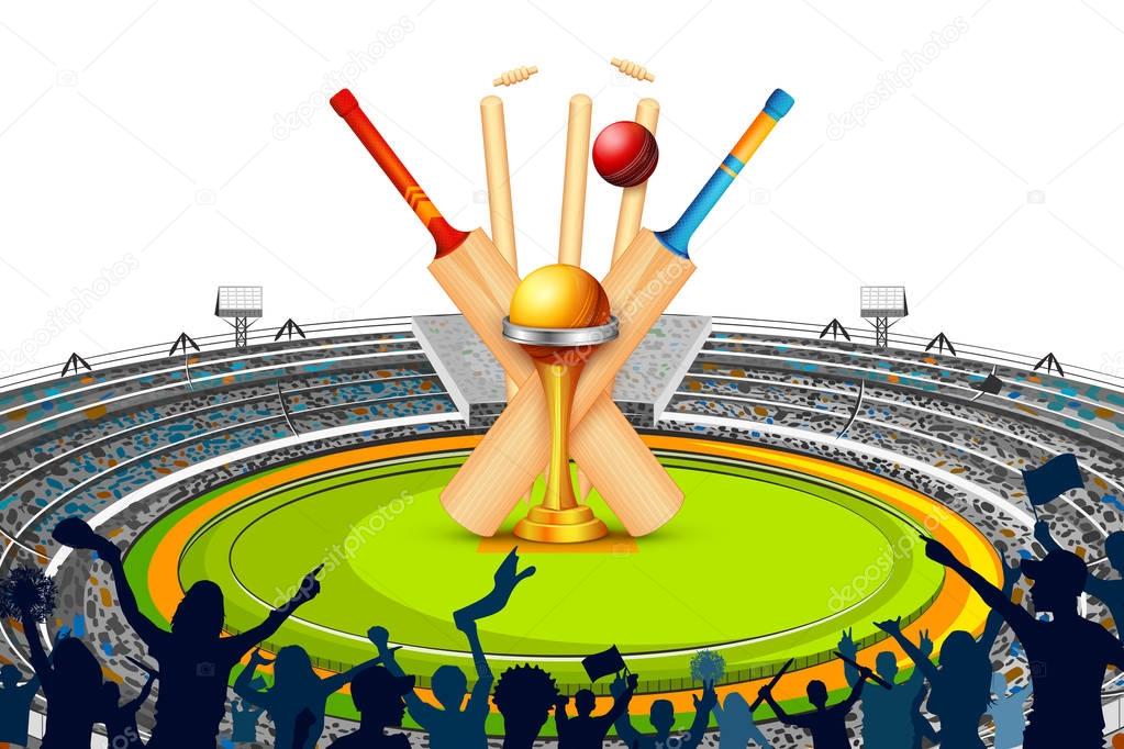 Stadium of Cricket with Bat, wicket and Trophy