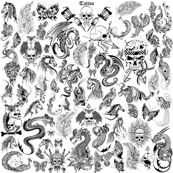 Diseño de arte del tatuaje de Calavera, Caballo, Dragon anf Flora colección — Vector de stock