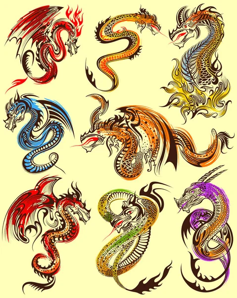 Design de arte de tatuagem da coleção Furious Dragon —  Vetores de Stock