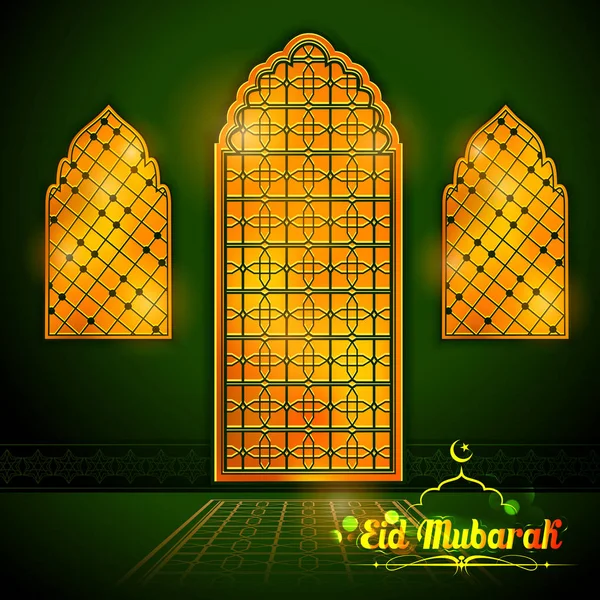 Eid Mubarak Felizes Eid cumprimentos com árabe decorado fundo portão dourado para o Islã festival religioso no mês santo de Ramazan —  Vetores de Stock