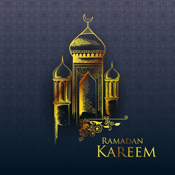 Ramadán Kareem Generosos saludos de Ramadán en árabe a mano alzada con mezquita — Archivo Imágenes Vectoriales