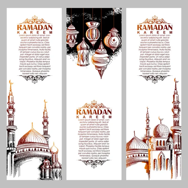 Ramadán Kareem Generosos saludos de Ramadán en árabe a mano alzada con mezquita — Vector de stock