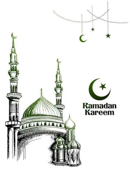 Ramadán Kareem Generosos saludos de Ramadán en árabe a mano alzada con mezquita — Vector de stock