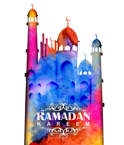 Ramadan Kareem Salutations généreuses du Ramadan en arabe à main levée avec mosquée — Image vectorielle