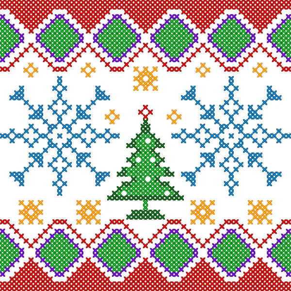 Cross Stitch Bordado design de Natal para textura sem costura padrão — Vetor de Stock