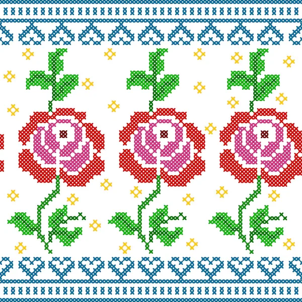 Bordado Cross Stitch Rose Design floral para textura sem costura padrão — Vetor de Stock