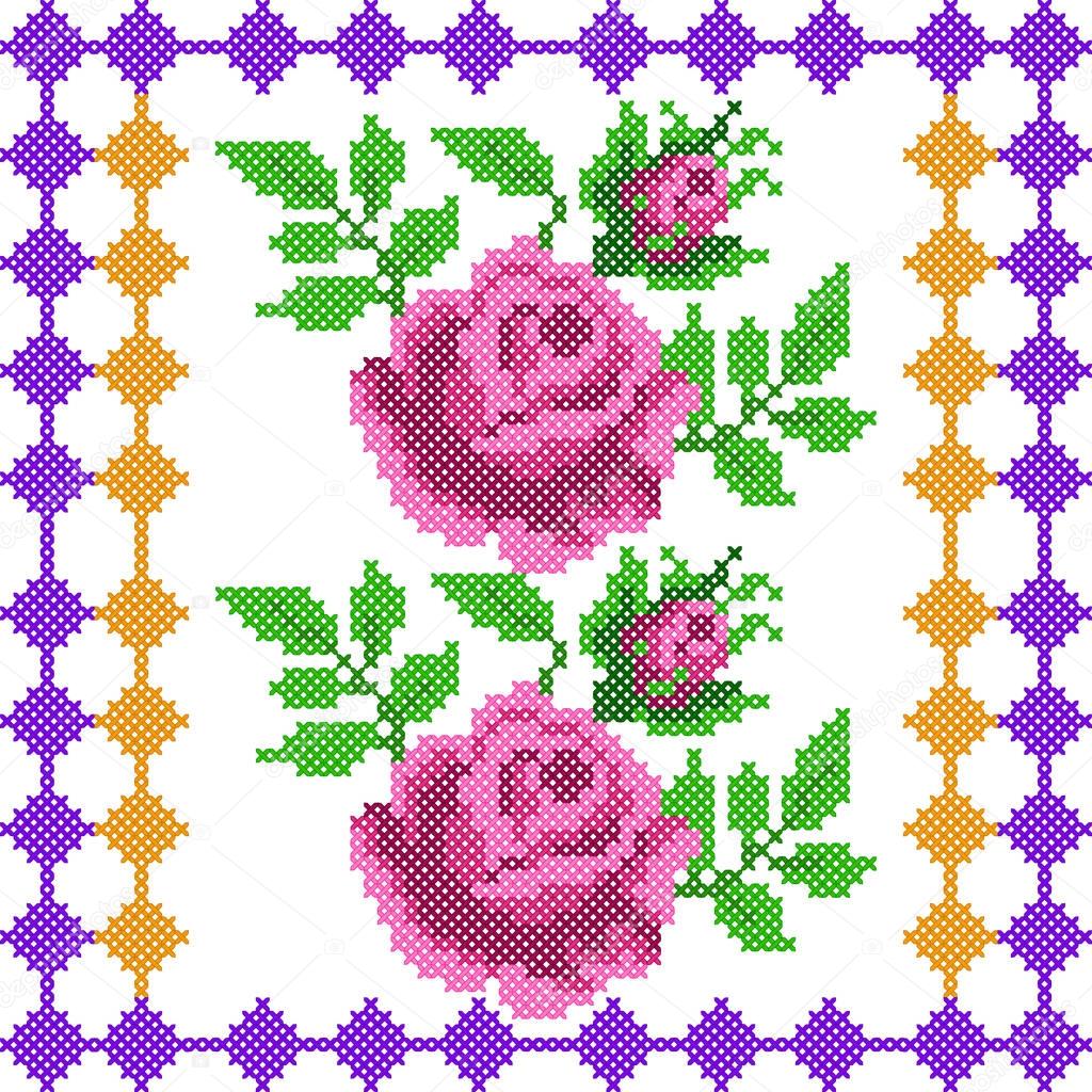 Cross Stitch Embroidery Rose Floral design for seamless pattern texture