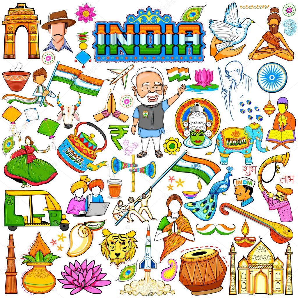 Set of beautiful Indian design element for Happy Independence Day or Republic Day of India decoration