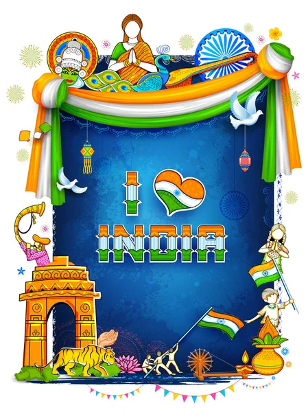 Fondo de la India mostrando su increíble cultura y diversidad con monumento, festival de danza — Vector de stock