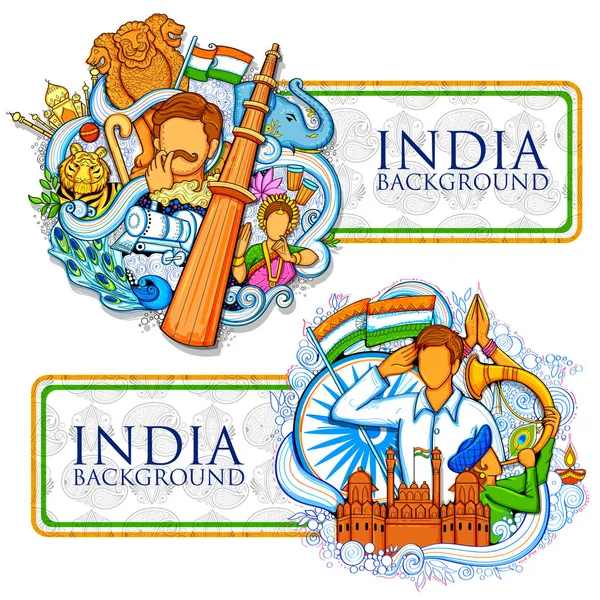 Indisk bakgrund visar dess otroliga kultur och mångfald för 15 augusti självständighetsdagen i Indien — Stock vektor
