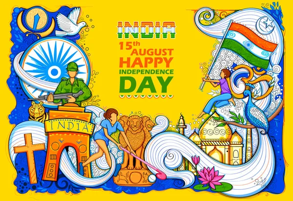15 ऑगस्ट भारताच्या स्वातंत्र्य दिनानिमित्त स्मारक, नृत्य आणि उत्सव उत्सवासह आपली अविश्वसनीय संस्कृती आणि विविधता दर्शविणारी भारतीय पार्श्वभूमी — स्टॉक व्हेक्टर