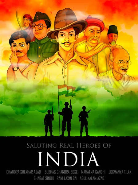 Tricolorní Indie pozadí s národní hrdina a bojovník za svobodu pro den nezávislosti — Stockový vektor