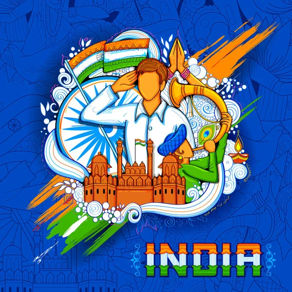 Fondo indio con gente saludando con famoso monumento Fuerte Rojo para el Día de la Independencia de la India — Vector de stock