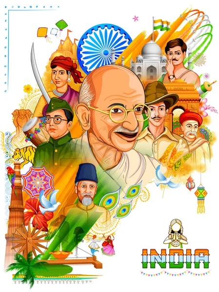 Tricolor India háttér-és nemzetet hős szabadságharcos, a függetlenség napja — Stock Vector