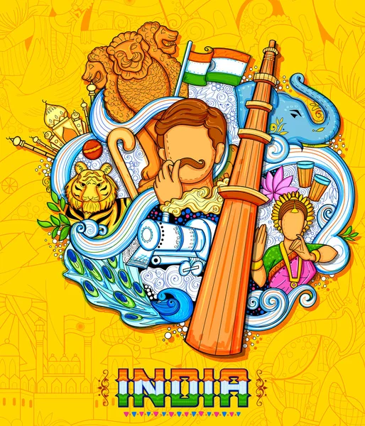 Fundo indiano mostrando sua incrível cultura e diversidade com monumento, dança e festa para o dia 15 de agosto Dia da Independência da Índia —  Vetores de Stock