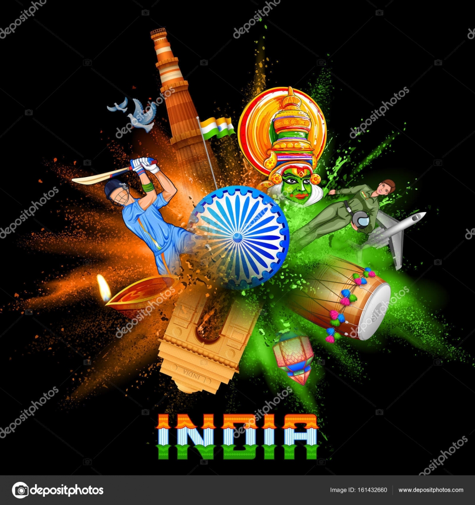 Fondo de la India en tricolor y Ashoka Chakra con explosión de color polvo  Vector de stock #161432660 de ©vectomart, image size:963x1024