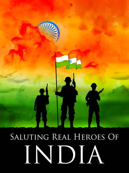 Indiase soldaat permanent op driekleurige vlag van India achtergrond — Stockvector