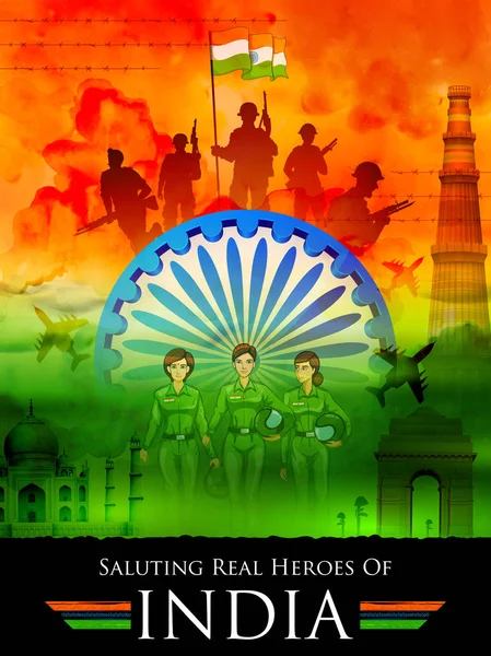 Silahlı kuvvetler ve kadın pilot gösteren gerçek kahramanlar Hindistan selamlayan Hint üç renkli arka plan