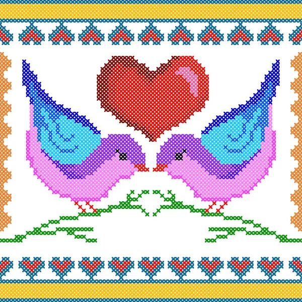 Cross Stitch Bordado amor pássaro design para textura sem costura padrão —  Vetores de Stock
