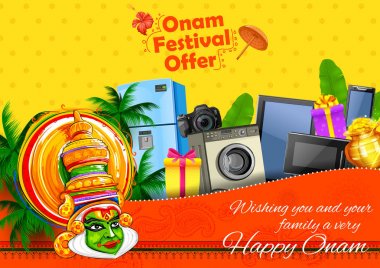 Mutlu Onam Festivali Güney Hindistan Kerala için reklam ve promosyon arka plan Kathakali dansçı