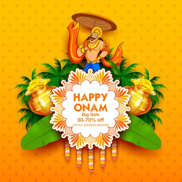 Rey Mahabali en la publicidad y la promoción de fondo para el festival Happy Onam del sur de la India Kerala — Vector de stock