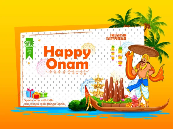 Re Mahabali su pubblicità e promozione sfondo per Happy Onam festival del Sud India Kerala — Vettoriale Stock