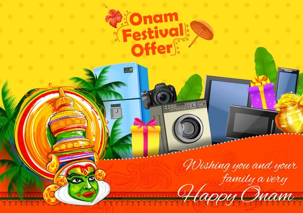 Mutlu Onam Festivali Güney Hindistan Kerala için reklam ve promosyon arka plan Kathakali dansçı