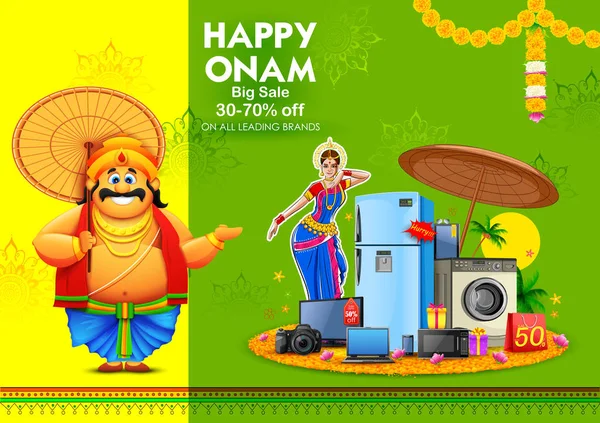 Rey Mahabali en la publicidad y la promoción de fondo para el festival Happy Onam del sur de la India Kerala — Vector de stock