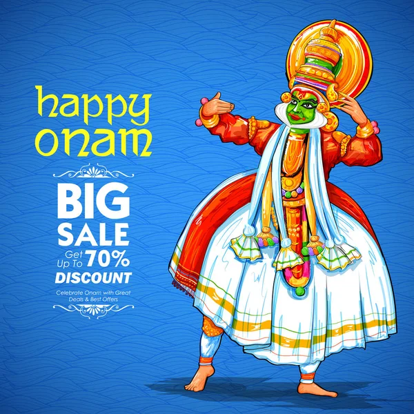 Mutlu Onam Festivali Güney Hindistan Kerala için reklam ve promosyon arka plan Kathakali dansçı